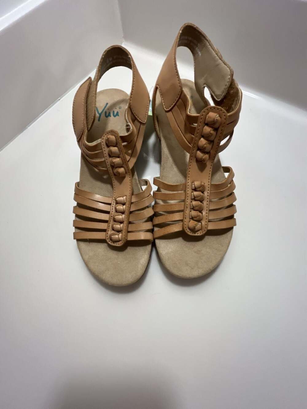 New with tag Women's Tan Faux Leather Wedge Slingback Sandals with Braided Detai